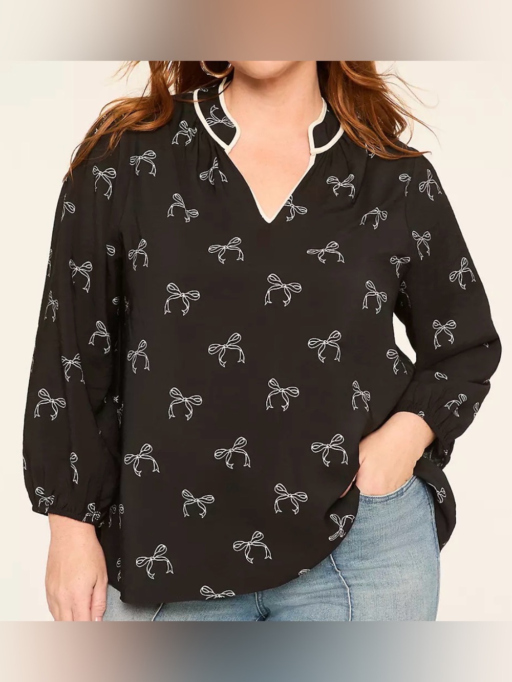 Lane Bryant Black Bow-Print V-Neck Blouse